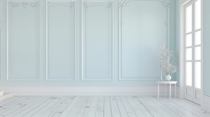 A large white room with a white wall and white furniture. The room is empty and has a very clean and minimalist look