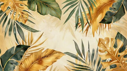 The gold palm leaves and tropical palms make a beautiful background for contemporary botanical prints for any wall. This is a watercolor canvas frame design for prints and home decor and is made from - obrazy, fototapety, plakaty
