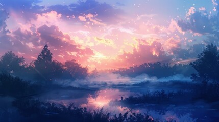 Fototapeta na wymiar Digital painting of a magical sunset over a misty lake. Fantasy landscape concept. Ethereal outdoor scene for wallpaper and game design