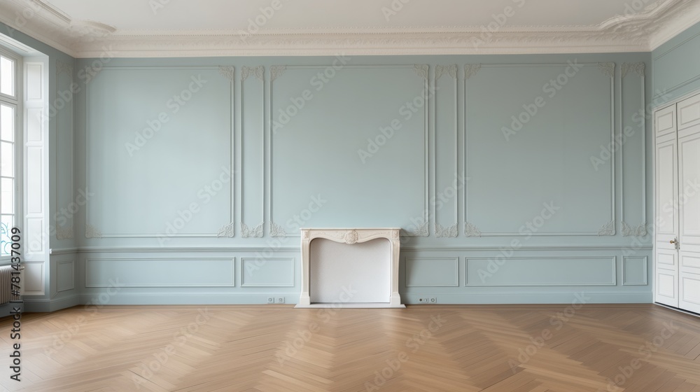 Poster a large room with a fireplace and white trim. the room is empty and has a very clean and simple look