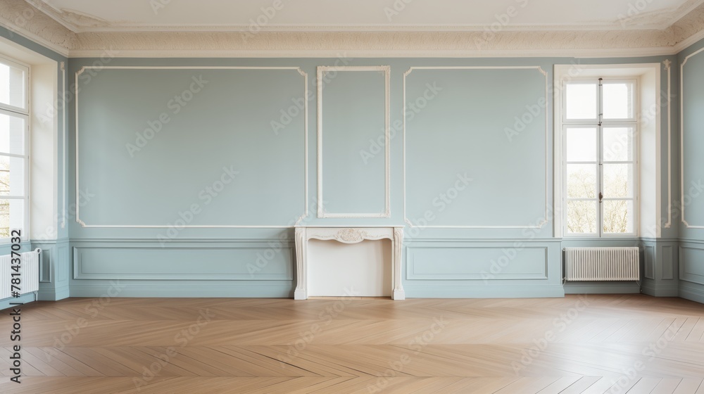 Poster a large, empty room with a white fireplace and a window. the room is very clean and has a very moder