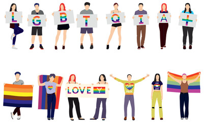 Crowd of people at pride parade holding placards and flag. Men and women at demonstration for LGBT rights. Gay, lesbian, bisexual, transgender activists. Sexual diversity. Set of Vector characters