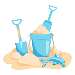 A bucket with sand, shovels and a dolphin toy for creating sand figures. Children's toys for the sandbox, blue. Vector illustration on a white background. © Svitla