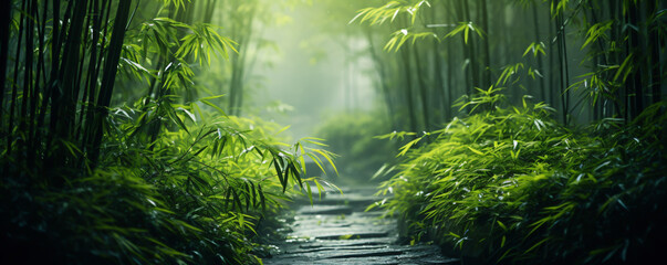 Walkway through dense bamboo forest, tranquil and verdant oasis.