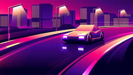 A car drives along a city bridge in the evening horizontal neon vector illustration.