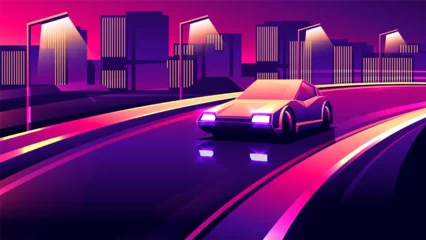 Foto op Canvas A car drives along a city bridge in the evening horizontal neon vector illustration. © Dmytro
