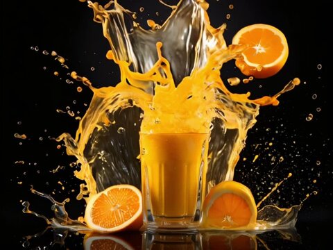 Dynamic splash of orange juice around glass with fresh oranges on reflective black surface