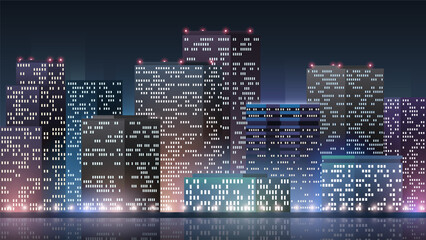 Business center in the evening horizontal illustration. Business tall buildings urban view.