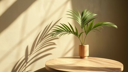 Podium mockup, product display, wooden round side table and tropical plants background - obrazy, fototapety, plakaty