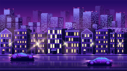 A street in a residential area with a road along which cars drive. Modern cyberpunk city view at night horizontal illustration.
