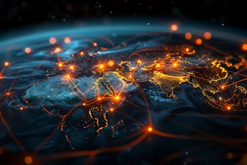Abstract digital art of the Earth with glowing trade routes and nodes symbolizing major economic centers - obrazy, fototapety, plakaty