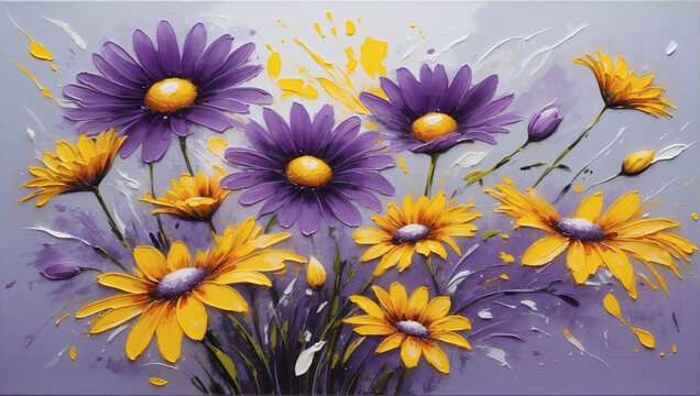 Abstract acrylic painting of Purple and yellow daisies, with silver swirls, using a palette knife.
