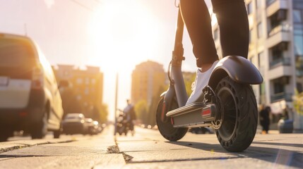 A person is riding a scooter on a city street. The sun is shining brightly, creating a warm and inviting atmosphere. The scene captures a moment of leisure and enjoyment