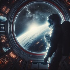 Silhouette of an astronaut looking at Earth