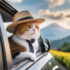 車でドライブ中の猫　観光PRする猫