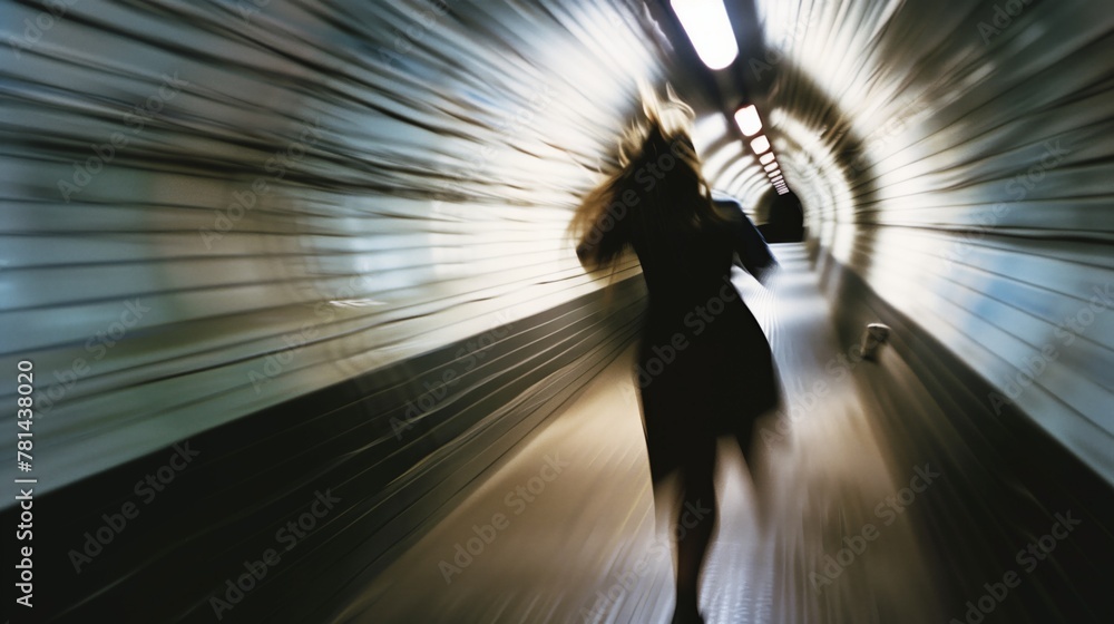 Poster a woman running through a tunnel. the image has a sense of urgency and fear