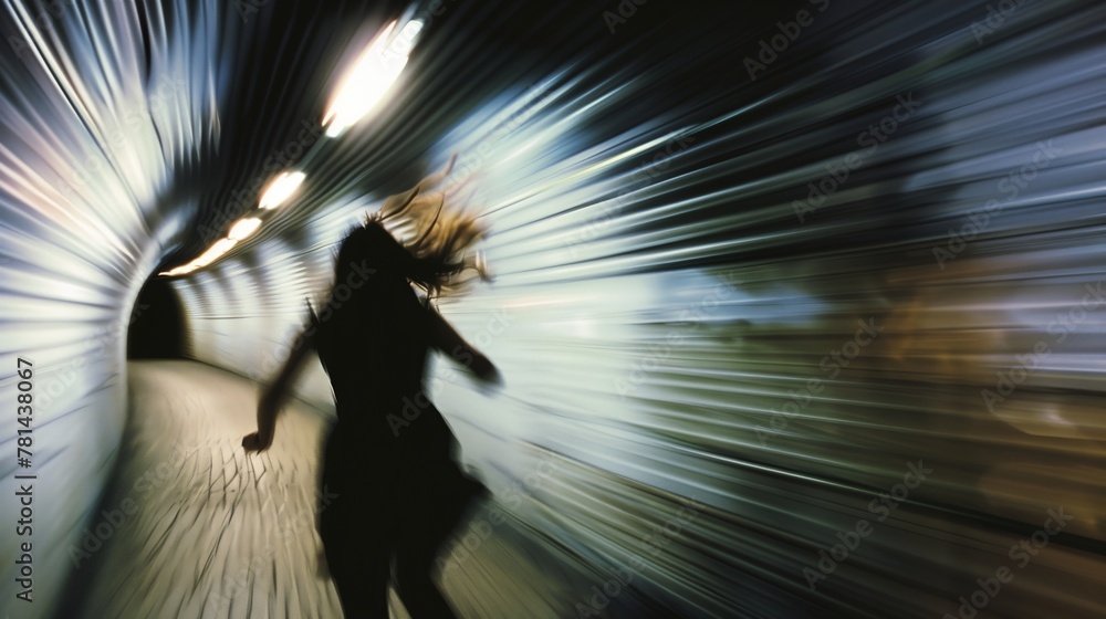 Aufkleber a woman running through a tunnel with a blurry background. concept of urgency and movement, as the w