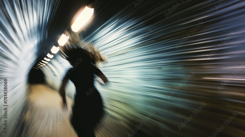 Poster A woman is running through a tunnel with lights on the ceiling. The tunnel is blurry and the woman is the only thing that is clear