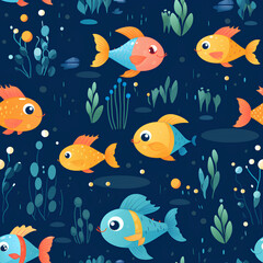  Colorful Aquatic Life Seamless Pattern, Cartoon Fish on Dark Blue Background