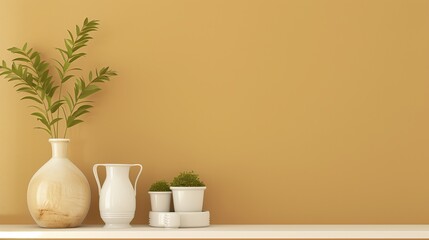 A white vase with a green plant sits on a shelf next to a wall. The vase is tall and slender, while the plant is small and green - Powered by Adobe