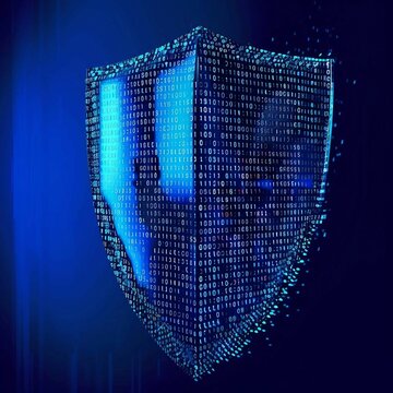 digital blue guard shield icon with glowing binary code, AI in security defense systems, threat detection algorithms, access control mechanisms, and real-time surveillance monitoring.                
