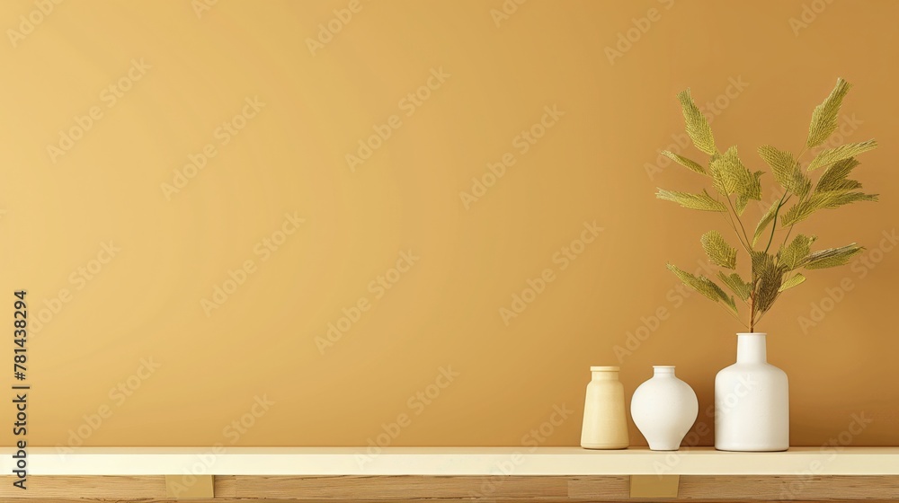 Aufkleber A shelf with a vase and two other vases on it. The shelf is white and the wall is yellow