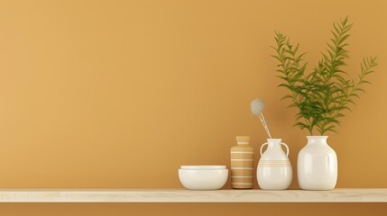 Fototapeta na wymiar A shelf with a white vase, a white bowl, and a white vase with a green plant in it