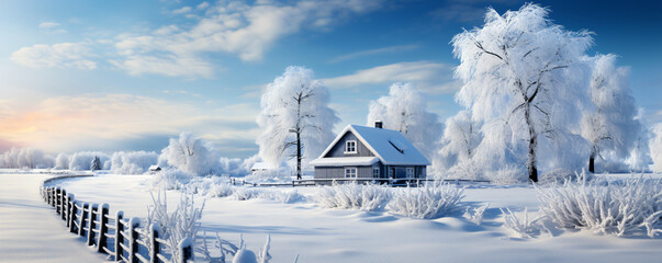 House surrounded by snow-covered trees on a winter day.
