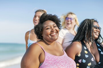 A group of women are smiling and posing for a picture on the beach. The women are of different sizes and have different hair types, but they all seem to be enjoying themselves