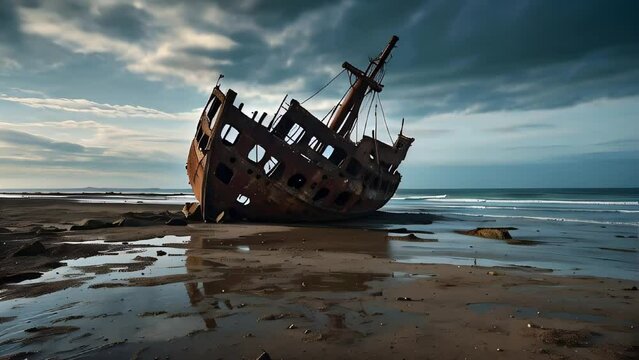 A ship aground, leaning to one side on a deserted beach. The ship is ruined and abandoned, with parts of its structure exposed and damaged. Shipwreck of an old ship