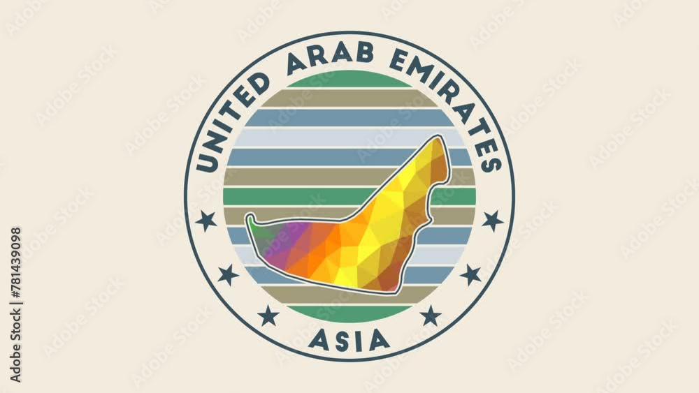 Poster uae intro video. badge with the circular name and map of the country in low poly tech geometric styl