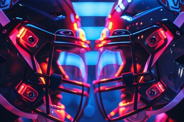 Cinematic showdown of American football helmets in an epic clash, VS sign in neon lights, capturing the essence of competition