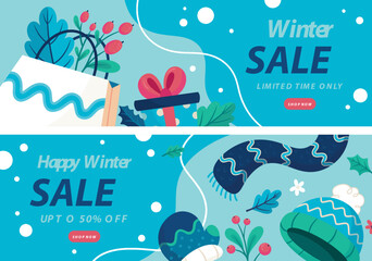 Flat winter horizontal sale banners set
