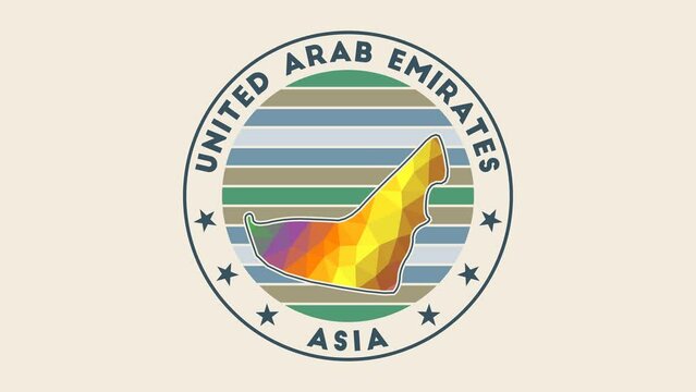 UAE intro video. Badge with the circular name and map of the country in low poly tech geometric style. Astonishing country round logo animation.
