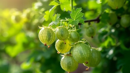Fototapeta premium Tender gooseberry on a branch in the garden on a blurred green background, agribusiness business concept, organic healthy food and non-GMO fruits with copy space 