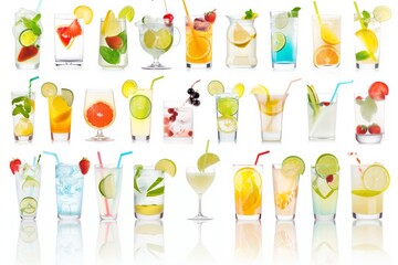 A row of colorful drinks with straws in them. The drinks are in various shapes and sizes, including tall glasses and short cups. Concept of variety and fun
