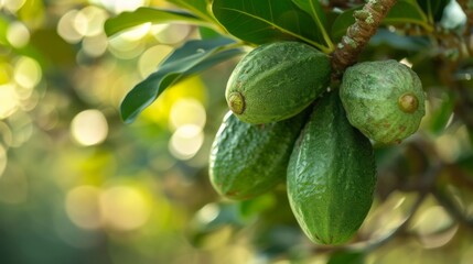 Feijoa fruits on a branch in the garden, illuminated by the sun, agribusiness business concept,organic healthy food and non-GMO fruits with copy space
