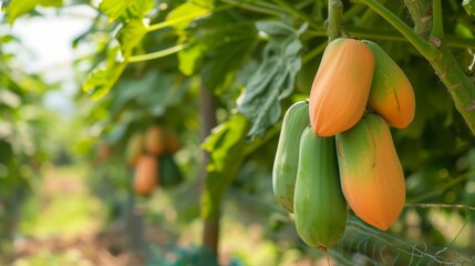 Harvest of ripe papaya fruits on a branch in the garden, agribusiness business concept, organic healthy food and non-GMO fruits with copy space
 - obrazy, fototapety, plakaty