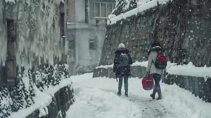Two people walking down a snowy street, one of them carrying a red backpack. The scene is set in a wintery, cold environment, with snow covering the ground and buildings. Scene is somewhat bleak