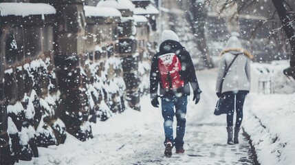 A couple walking down a snowy sidewalk. One of them is wearing a red backpack. The snow is falling and the sky is gray