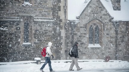 Two people walking in the snow, one of them wearing a red backpack. The snow is falling heavily, and the buildings in the background are covered in snow. Scene is cold and quiet
