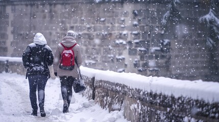 Two people walking in the snow, one of them wearing a red backpack. The snow is falling and the sky is gray