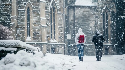 Two people walking in the snow, one of them wearing a red backpack. The scene is set in front of a stone building with arched windows. The snow is falling heavily, creating a serene
