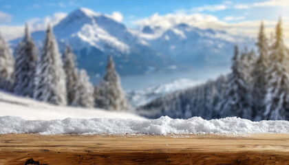 Free space desktop covered with snow and mountains landscape. space for text, montage of products
