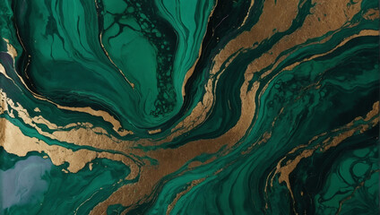 Abstract marble stone texture painted in vibrant emerald green ink, adorned with swirling lavender petals and golden lines. - obrazy, fototapety, plakaty