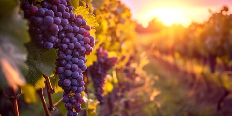 Beautiful sunset landscape view of grape plantations, wine business concept
 - obrazy, fototapety, plakaty