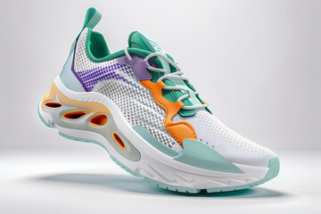 Colorful fashionable sneakers on light background, sport concept, product photo, levitation concept, minimalism, 3D rendering