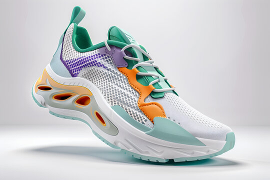 Colorful fashionable sneakers on light background, sport concept, product photo, levitation concept, minimalism, 3D rendering