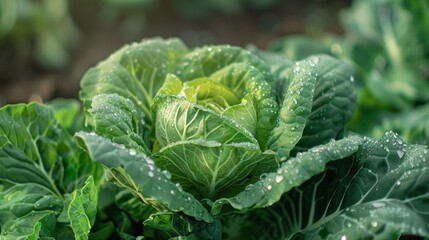 Close up of dew on cabbage plant