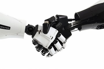 Two robotic hands shaking hands. The robot on the left is white and the robot on the right is black